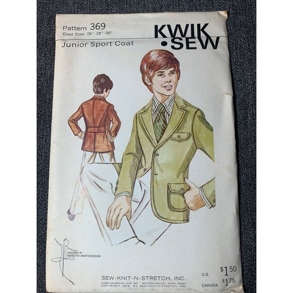 Kwik Sew Boys Junior Sport Coat Sewing Pattern Chest sz 26-30 369 - uncut - Picture 1 of 10